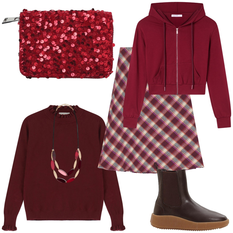 Outfit donna - Bordeaux. Stile Sporty chic per Tutti i giorni. Abbinamento con stivaletti chelsea, portafogli, felpe con cappuccio, maglieria, gonne, collane.