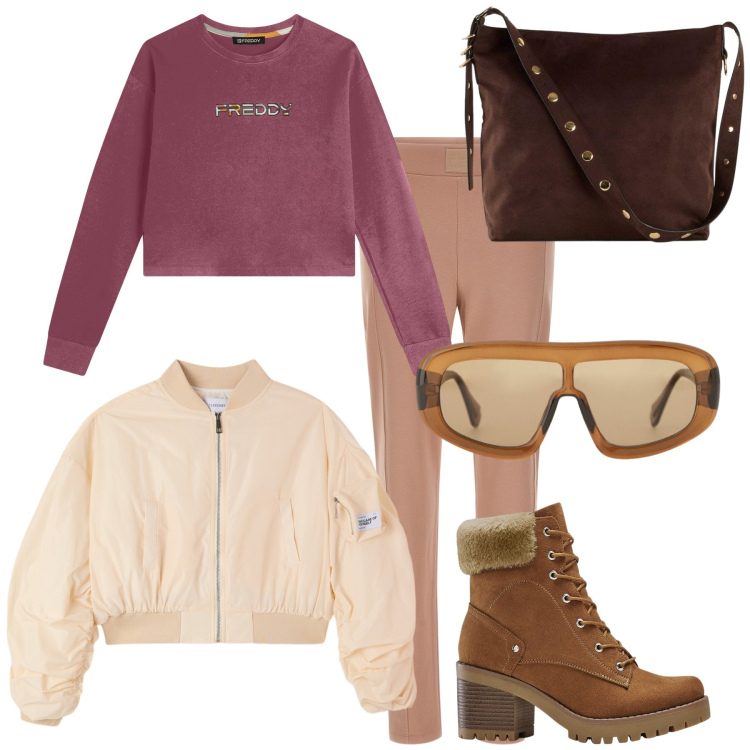 Outfit donna - Total look. Stile Casual chic per Tutti i giorni. Abbinamento con shopping bag, stivaletti, bomber, occhiali da sole, pantaloni, felpe.