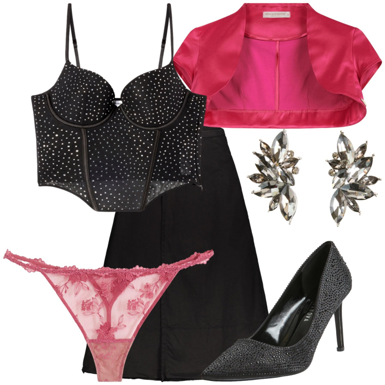 Outfit donna - Brillante e sensuale. Stile Glamour per Serata fuori. Abbinamento con perizomi, orecchini, bolero, décolleté, top, gonne lunghe.