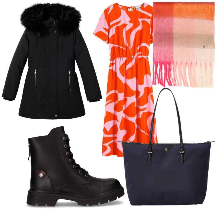 Outfit donna - In ufficio fa caldo. Stile Urban per Ufficio. Abbinamento con vestiti midi/longuette, parka, sciarpe, borse tote, anfibi.