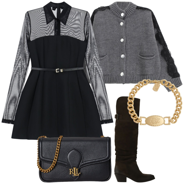 Outfit donna - Una serata in golf. Stile Trendy per Serata fuori. Abbinamento con vestiti corti, cardigans, stivali, braccialetti, clutch.