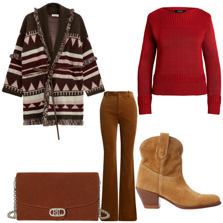 Outfit donna - Cozy e chic: Dixie e Ralph Lauren. Stile 70s per Tutti i giorni. Abbinamento con cappotti, maglieria, stivaletti, pantaloni, borse a tracolla.
