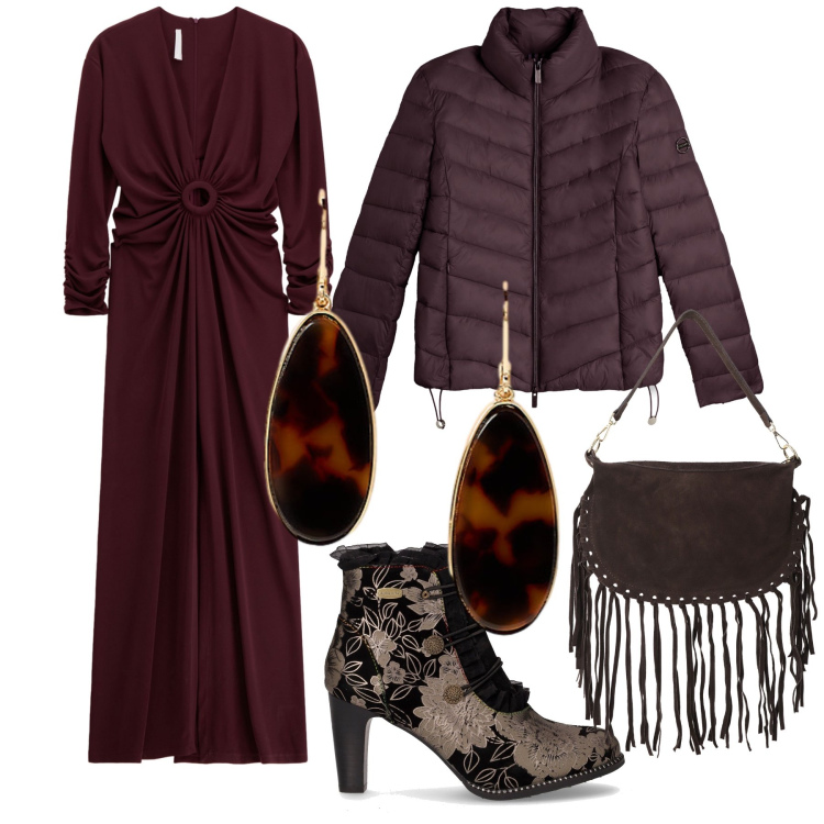 Outfit donna - Total look. Stile Etnico per Serata fuori. Abbinamento con vestiti lunghi, piumini, borse a tracolla, orecchini, stivaletti.