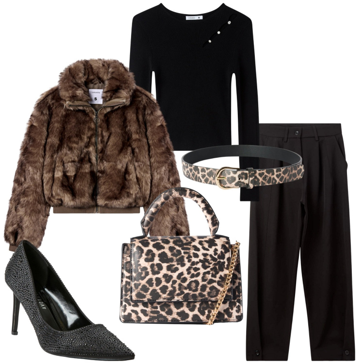 Outfit donna - Terranova - Black Friday 2025. Stile Glamour per Serata fuori. Abbinamento con maglieria, cinture, décolleté, borse a tracolla, ecopellicce, pantaloni.