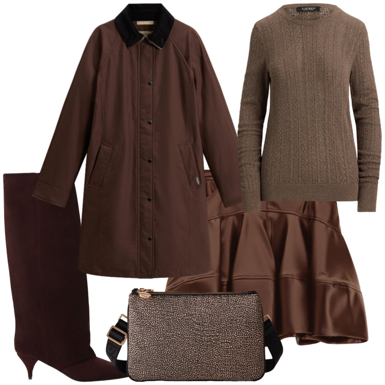 Outfit donna - Una gonna deliziosa. Stile Glamour per Serata fuori. Abbinamento con minigonne, borse a tracolla, stivali, maglieria, cappotti.