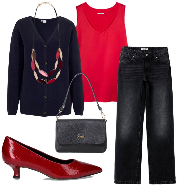 Outfit donna - Total look #2285177. Stile Minimal per Ufficio. Abbinamento con cardigans, jeans, borse a tracolla, top, collane, décolleté.