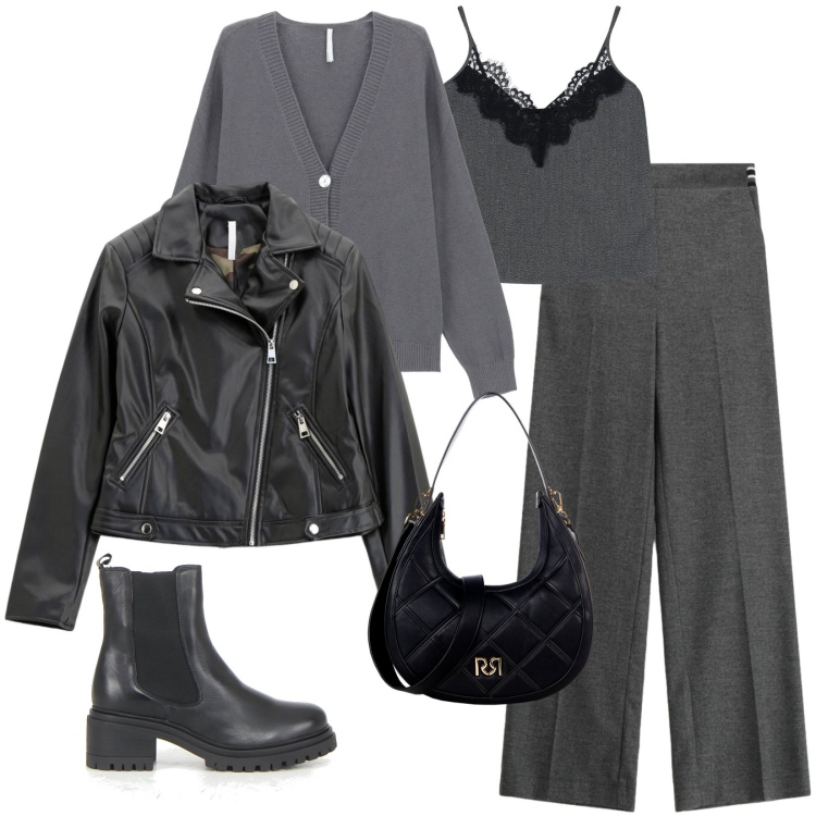 Outfit donna - Novembre in città. Stile Casual chic per Tutti i giorni. Abbinamento con borse a tracolla, cardigans, pantaloni a palazzo, top, blazer, stivaletti chelsea.