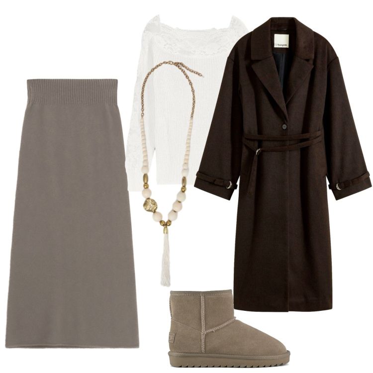 Outfit donna - Comodo e raffinato. Stile Casual chic per Tutti i giorni. Abbinamento con cappotti, maglieria, gonne lunghe, stivali, ciondoli.