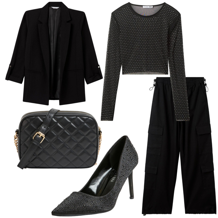Outfit donna - Terranova total black. Stile Glamour per Serata fuori. Abbinamento con blazer, décolleté, borse a tracolla, pantaloni, maglieria.