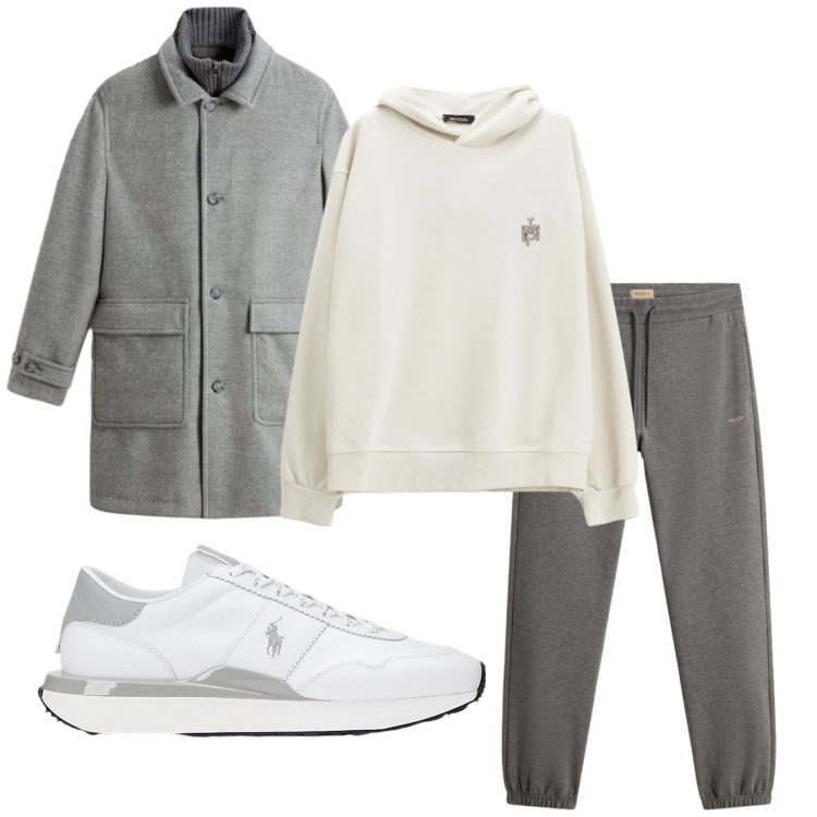 Outfit uomo - Total look #2285185. Stile Trendy per Sport. Abbinamento con felpe con cappuccio, sneakers, pantaloni, cappotti.