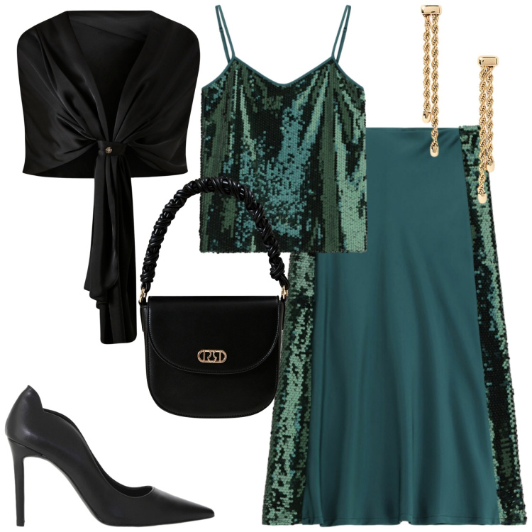 Outfit donna - Christmas holiday. Stile Glamour per Serata fuori. Abbinamento con gonne lunghe, top, scialli, borse a mano, décolleté, orecchini.