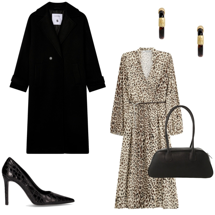 Outfit donna - Appuntamento galante. Stile Chic per Serata fuori. Abbinamento con vestiti midi/longuette, cappotti, borse a mano, orecchini, décolleté.