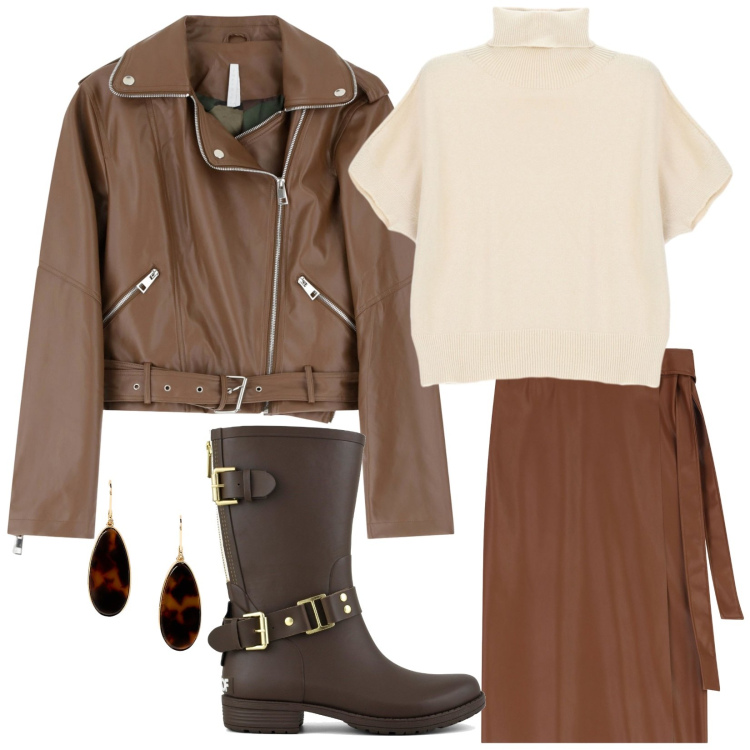 Outfit donna - Calma bellezza. Stile Casual chic per Tutti i giorni. Abbinamento con giacche, maglieria, gonne longuette, orecchini, stivali.