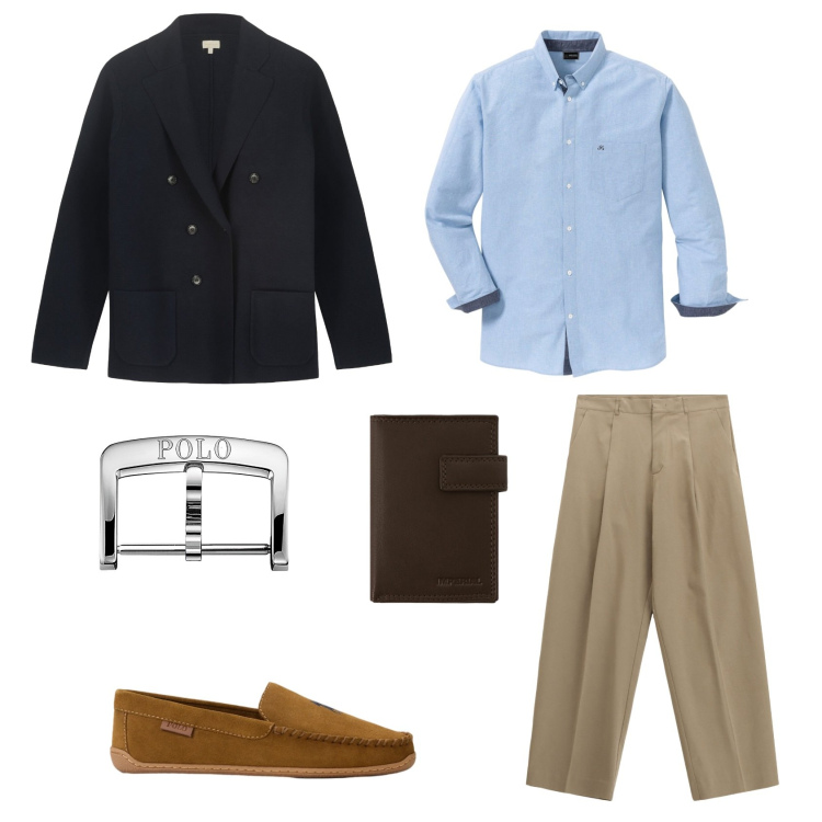 Outfit uomo - Passeggiata. Stile Casual per Tutti i giorni. Abbinamento con camicie, pantaloni, portafogli, scarpe stringate, orologi, giacche.