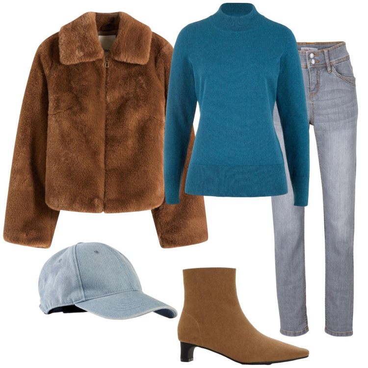 Outfit donna - Brezza da Nord. Stile Urban per Tutti i giorni. Abbinamento con ecopellicce, cappelli con visiera, jeans slim fit, stivaletti, maglieria.