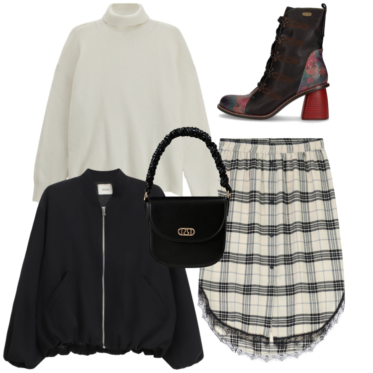 Outfit donna - Che stivaletti!. Stile Chic per Tutti i giorni. Abbinamento con borse a mano, gonne, bomber, maglieria, stivaletti.