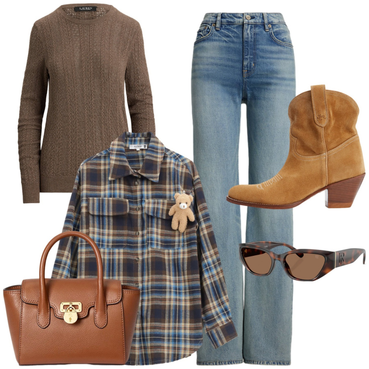 Outfit donna - Teddy con me. Stile Casual chic per Tutti i giorni. Abbinamento con camicie, stivaletti, occhiali da sole, borse a mano, maglieria, jeans.