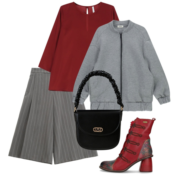Outfit donna - Red&Grey. Stile Bon Ton per Ufficio. Abbinamento con borse a mano, top, pantaloni, bomber, stivaletti.