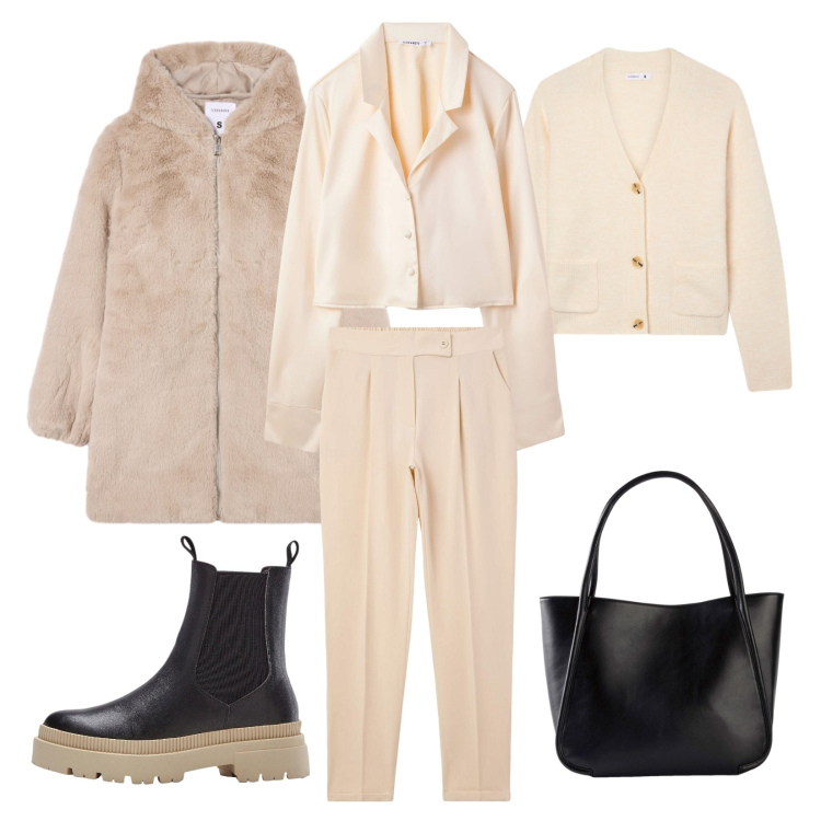 Outfit donna - Cappotto Teddy!. Stile Casual chic per Ufficio. Abbinamento con stivaletti chelsea, shopping bag, cappotti, pantaloni chino, cardigans, camicie.
