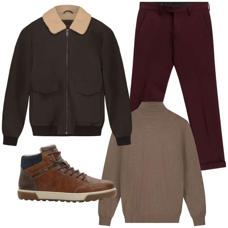 Outfit uomo - Warm look. Stile Urban per Tutti i giorni. Abbinamento con sneakers alte, pantaloni, maglieria, bomber.