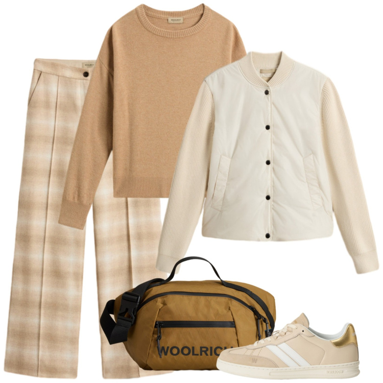 Outfit donna - Woolrich. Stile Casual per Tutti i giorni. Abbinamento con maglieria, sneakers, pantaloni, borse a tracolla, bomber.