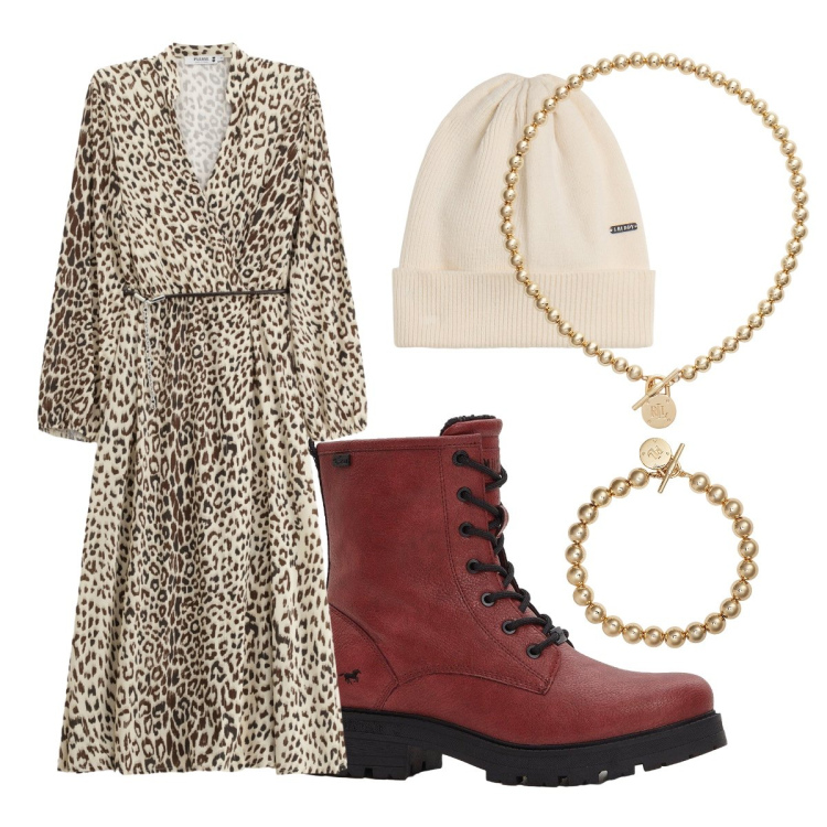 Outfit donna - Novembre animalier. Stile Trendy per Tutti i giorni. Abbinamento con stivaletti, vestiti midi/longuette, berretti, collane, braccialetti.