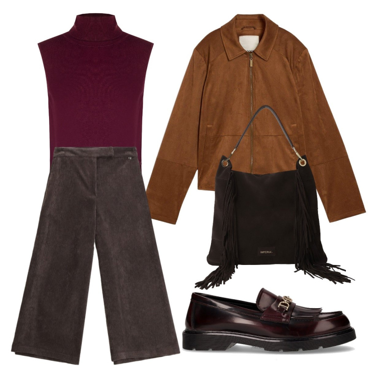 Outfit donna - Pantaloni a palazzo per l’autunno. Stile Vintage retrò per Ufficio. Abbinamento con blazer, pullovers, borse a spalla, pantaloni a palazzo, mocassini.