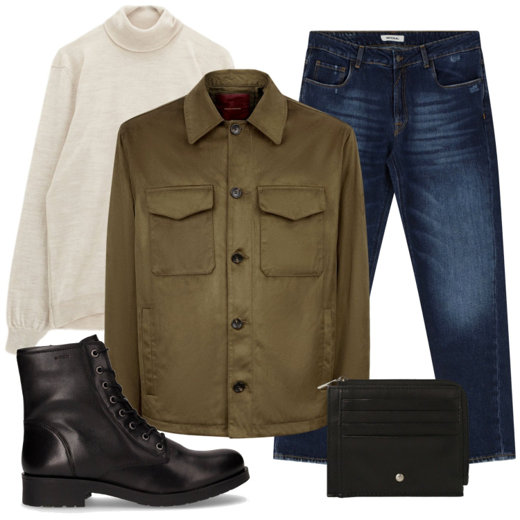 Outfit uomo - Total look #2285207. Stile Casual per Tutti i giorni. Abbinamento con jeans dritti, maglieria, portafogli, giacche, stivali e stivaletti.