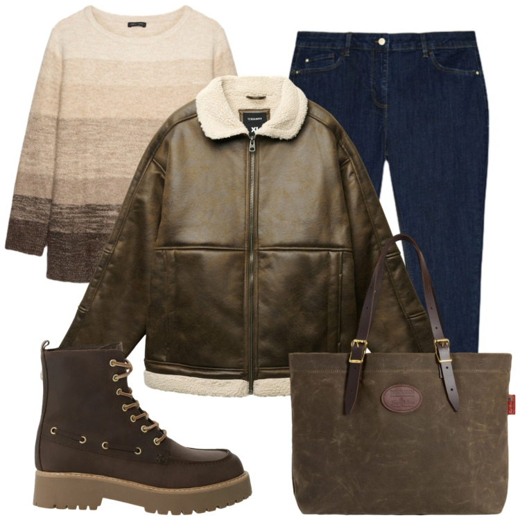 Outfit donna - Total look #2285208. Stile Casual per Tutti i giorni. Abbinamento con giacche, stivaletti, borse tote, jeans skinny, maglieria.