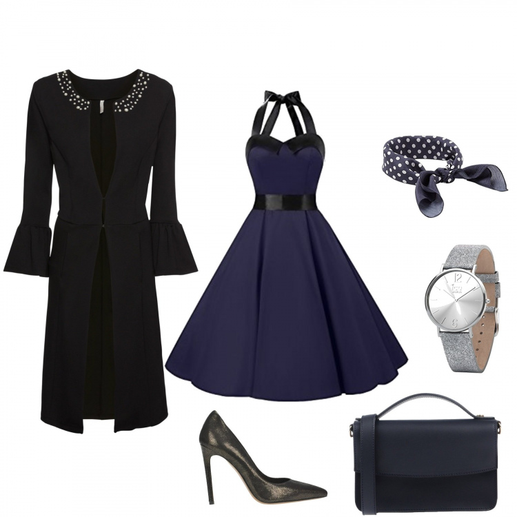 Outfit donna - 60\'s with sales. Stile Bon Ton per Serata fuori. Abbinamento con soprabito con perle e volant nero, borse a cartella, vestito fantasia floreale con fasce elasticizzato navy, scarpe, orologio analogico con cinturino glitter, slip taglia unica navy.