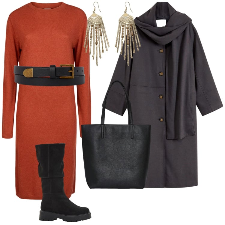 Outfit donna - Cozy & chic. per Tutti i giorni. Abbinamento con stivali, cappotti, borse tote, orecchini, vestiti midi/longuette, cinture.