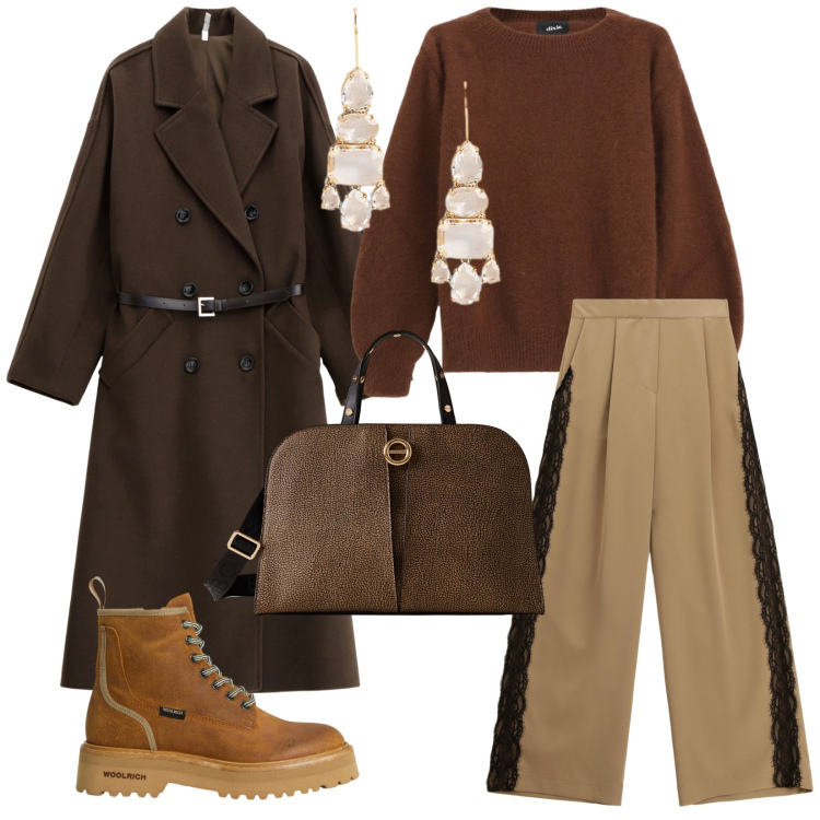 Outfit donna - Cozy &chic. per Ufficio. Abbinamento con cappotti, borse a mano, pantaloni a palazzo, pullovers, orecchini, anfibi.