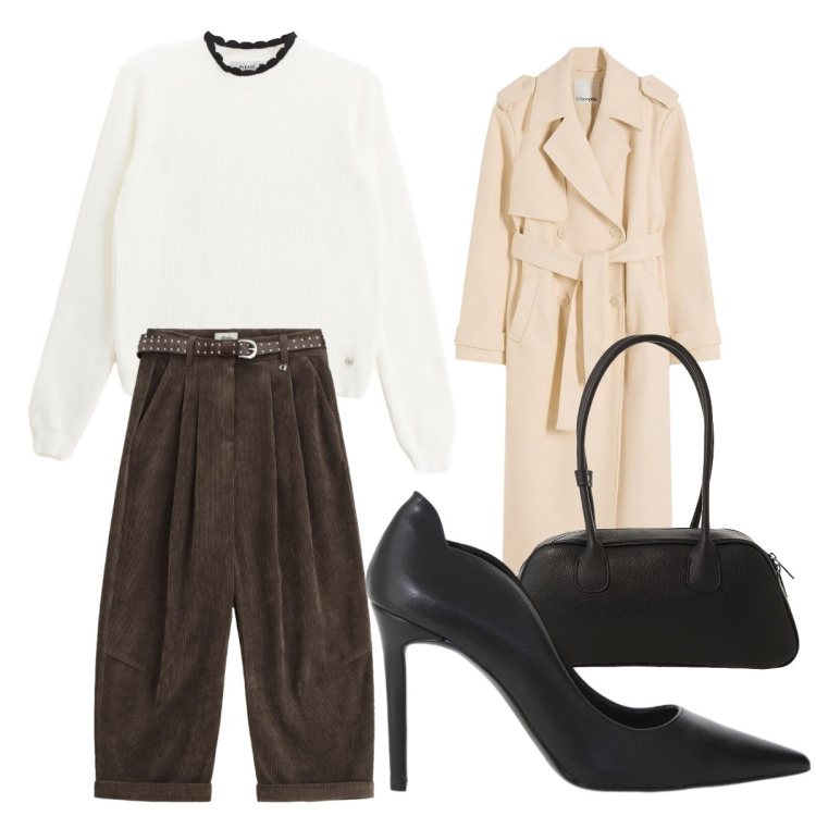 Outfit donna - Novembre al caldo. Stile Preppy per Ufficio. Abbinamento con trench, pullovers, pantaloni a palazzo, borse a mano, décolleté.