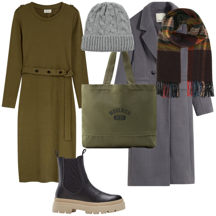 Outfit donna - Cozy &chic. Stile Casual chic per Tutti i giorni. Abbinamento con stivaletti chelsea, vestiti midi/longuette, cappotti, sciarpe, berretti, borse tote.