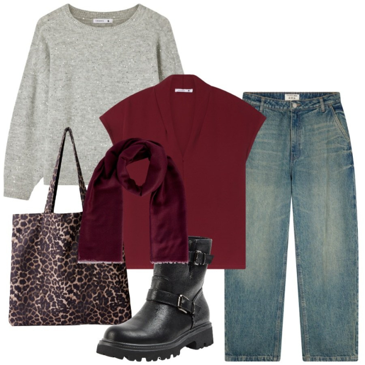 Outfit donna - Terranova - Black Friday 2025. Stile Casual chic per Tutti i giorni. Abbinamento con stivaletti, maglieria, jeans, bluse, shopping bag, foulard.