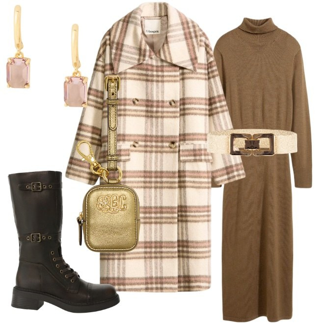 Outfit donna - Al caldo il beige. Stile Casual chic per Tutti i giorni. Abbinamento con vestiti, cappotti, cinture, stivali, orecchini, pochette.