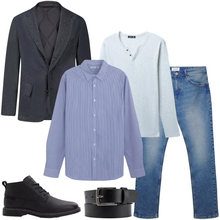 Outfit uomo - Total look #2285219. Stile Casual per Tutti i giorni. Abbinamento con stivali e stivaletti, camicie, jeans dritti, t-shirt, cinture, giacche.