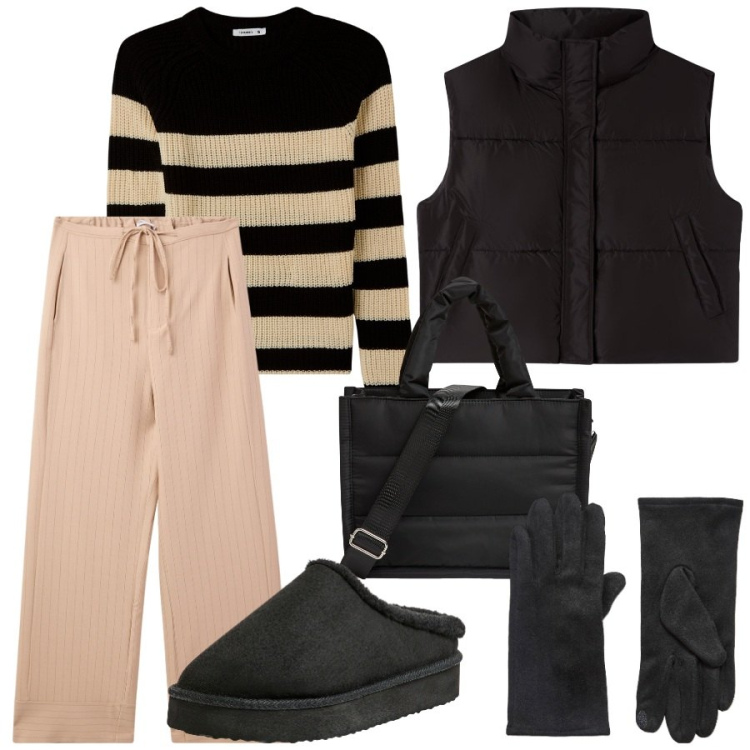Outfit donna - Terranova - Black Friday 2025. Stile Casual per Scuola/Università. Abbinamento con maglieria, pantaloni, piumini, shopping bag, guanti, sabot.