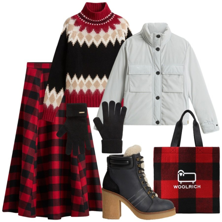 Outfit donna - Woolrich - Black Friday. Stile Casual chic per Tutti i giorni. Abbinamento con maglieria, gonne lunghe, stivaletti, borse tote, guanti, blazer.