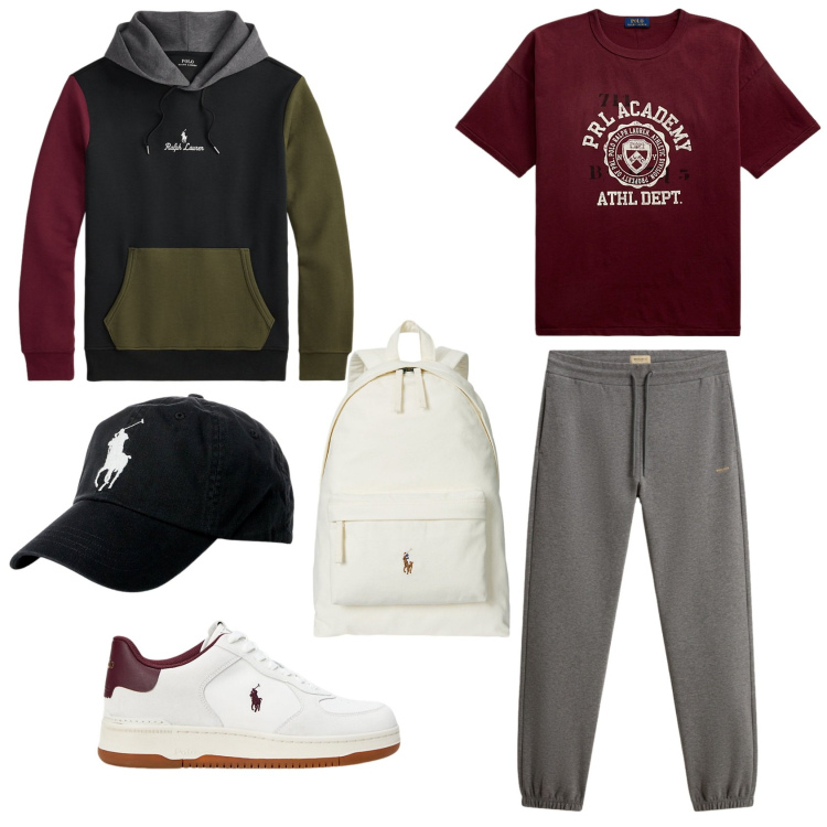 Outfit uomo - Domenica sportiva. Stile Urban per Sport. Abbinamento con cappelli, borse sportive, felpe con cappuccio, t-shirt, sneakers, pantaloni.