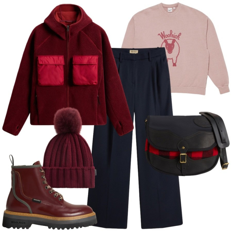 Outfit donna - Woolrich - Black Friday. Stile Sporty chic per Tutti i giorni. Abbinamento con felpe, anfibi, borse a tracolla, pantaloni, berretti, felpe con cappuccio.