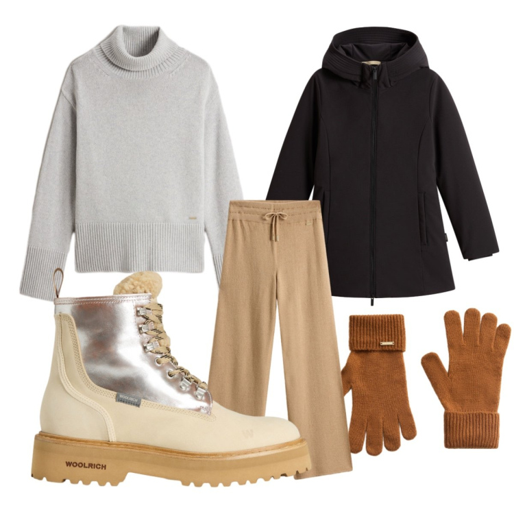 Outfit donna - Woolrich autunno. Stile Trendy per Tutti i giorni. Abbinamento con guanti, anfibi, pantaloni, maglieria, parka.
