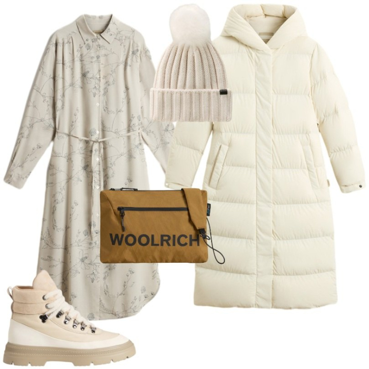 Outfit donna - Woolrich - Black Friday. Stile Sporty chic per Tutti i giorni. Abbinamento con berretti, piumini, borse a tracolla, vestiti lunghi, anfibi.