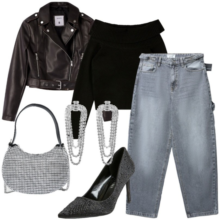 Outfit donna - Terranova - Black Friday 2025. Stile Glamour per Serata fuori. Abbinamento con décolleté, borse a spalla, maglieria, orecchini, giacche, jeans.