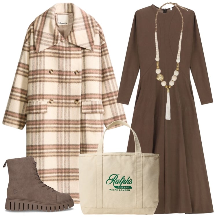 Outfit donna - Total look #2285241. Stile Boho per Tutti i giorni. Abbinamento con cappotti, vestiti lunghi, borse tote, ciondoli, anfibi.