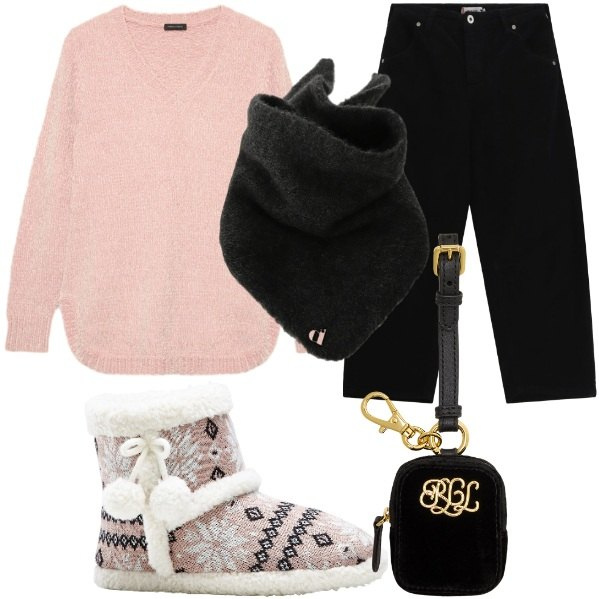 Outfit donna - Curvy Comfy autunnale. Stile Casual chic per Tutti i giorni. Abbinamento con pantofole, pantaloni, foulard, pochette, maglieria.