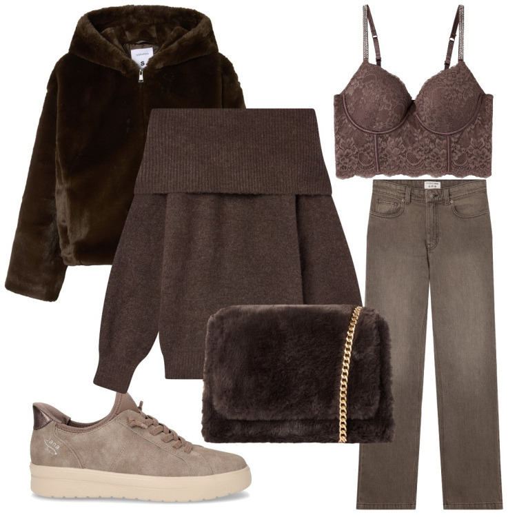 Outfit donna - Color cacao. Stile Trendy per Tutti i giorni. Abbinamento con jeans bootcut, bralette, ecopellicce, maglieria, borse a tracolla, sneakers.