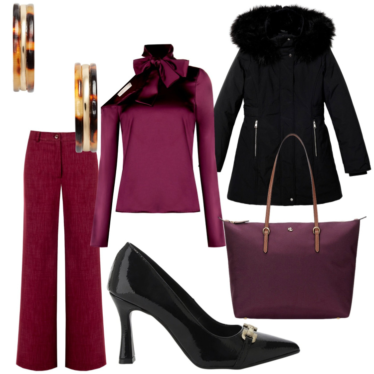 Outfit donna - Total look #2285246. Stile Chic per Serata fuori. Abbinamento con bluse, pantaloni, parka, décolleté, borse tote, orecchini.