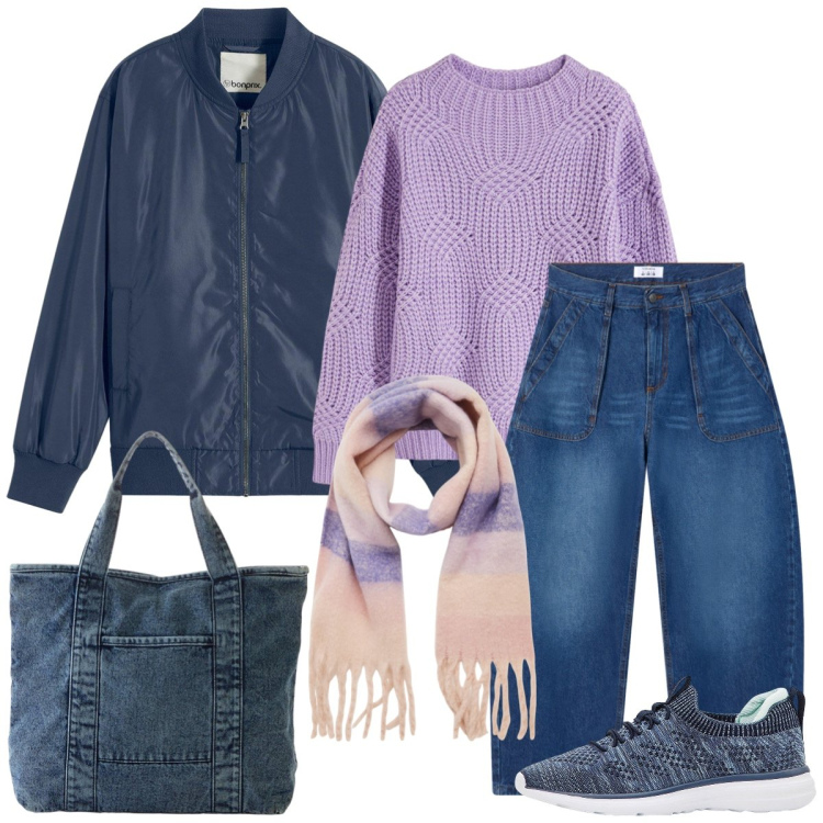 Outfit donna - Total look #2285250. Stile Casual per Scuola/Università. Abbinamento con maglieria, sneakers, shopping bag, bomber, sciarpe, jeans.