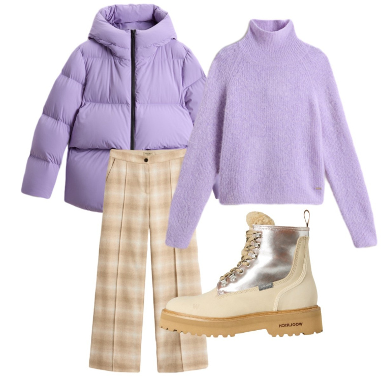 Outfit donna - Comoda e al caldo. Stile Sporty chic per Tutti i giorni. Abbinamento con piumini, anfibi, maglieria, pantaloni.